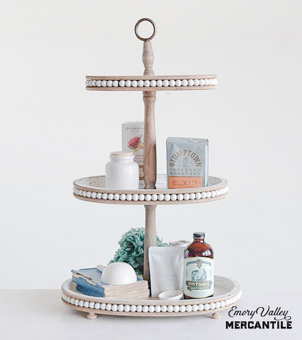 3 tier wood tray stand beaded edge