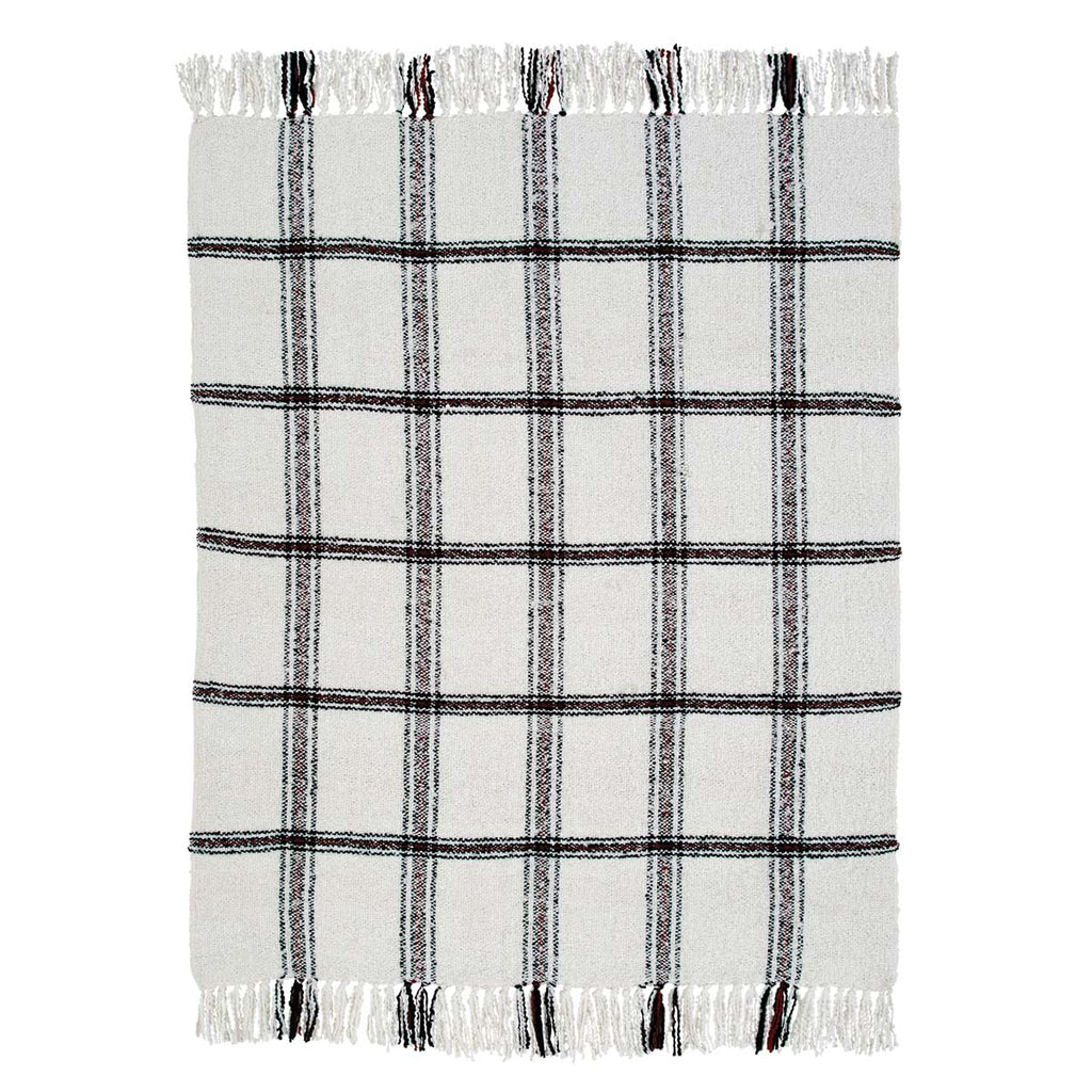 cream, black, and red plaid woven throw blanket