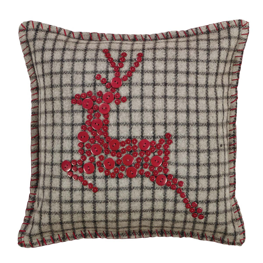 Farmhouse style plaid Christmas reindeer button pillow
