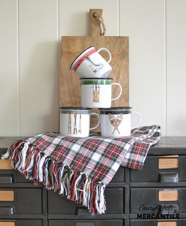 white enamel snow gear mugs