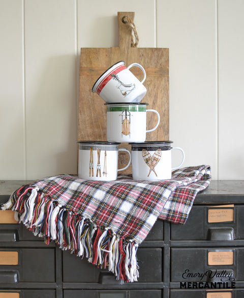 white enamel snow gear mugs