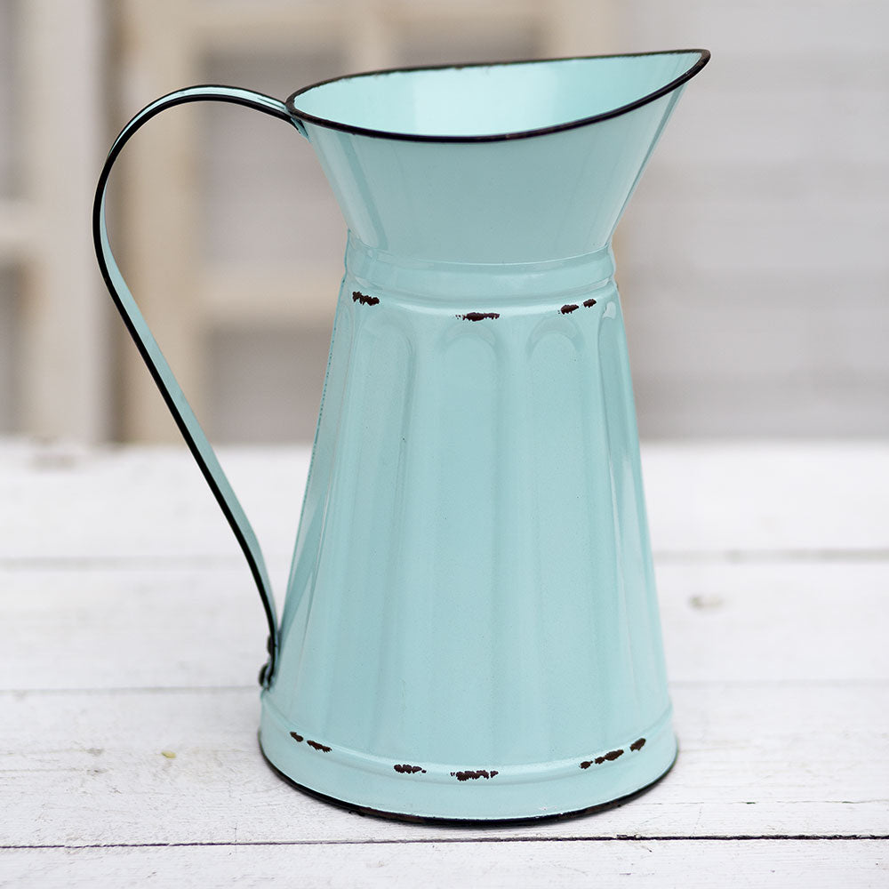 aqua enamel metal french flower pitcher