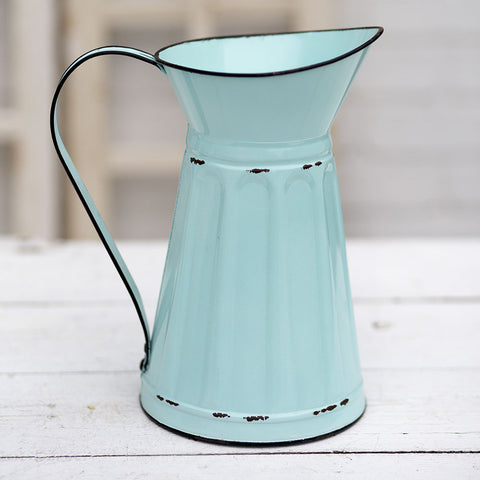 aqua enamel metal french flower pitcher