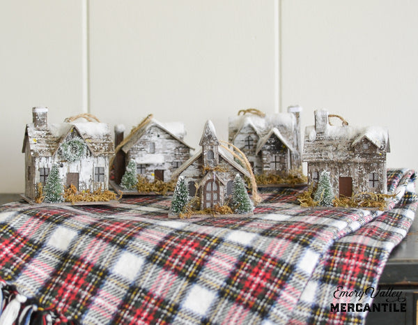 birch and paper house Christmas ornaments