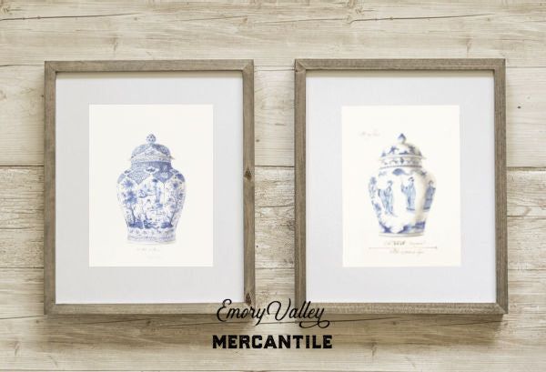 Antique Blue and White Ginger Jar Watercolor Art 18th century reproduction