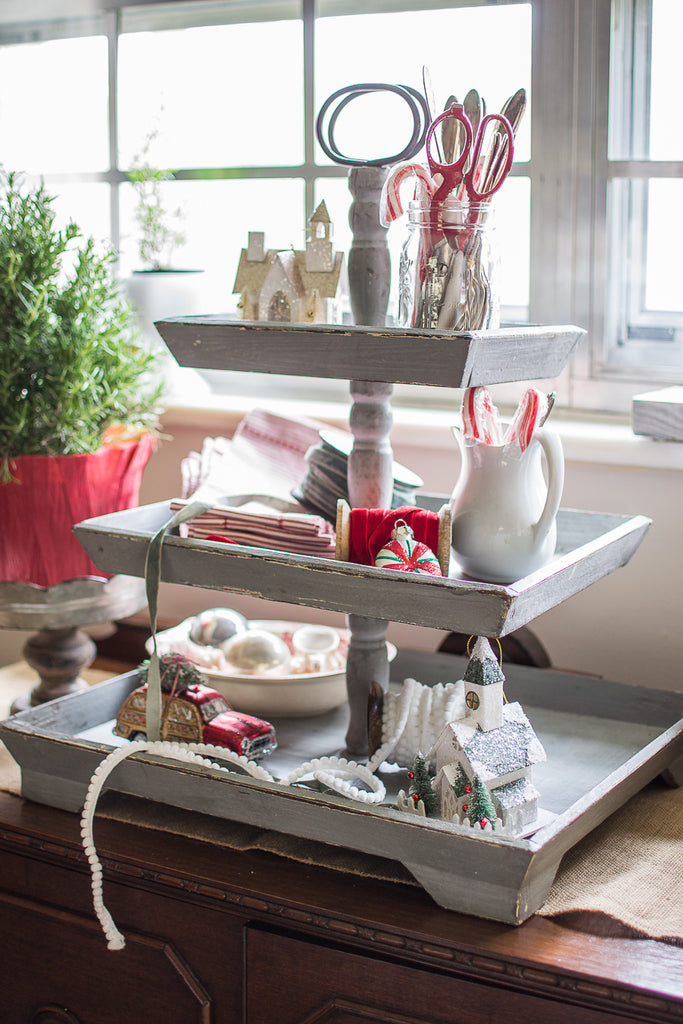 3 tier tray distressed wooden