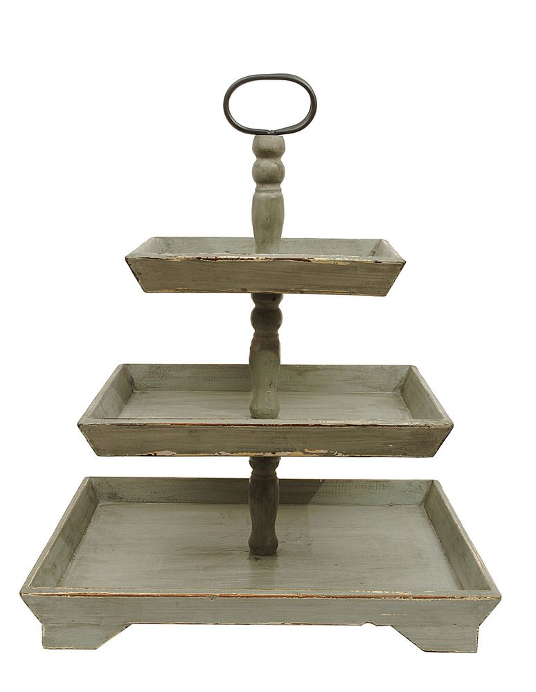 distressed painted wood three tier tray stand