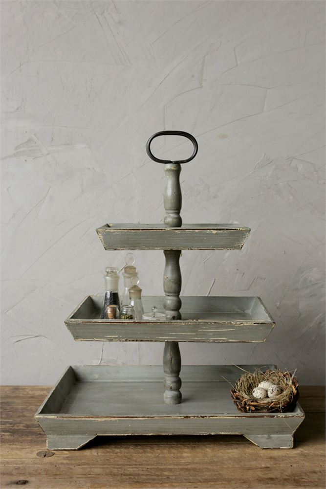 distressed painted wood three tier tray stand