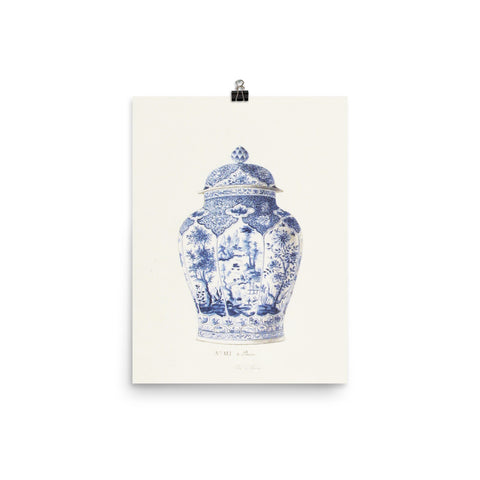 Antique Chinoiserie Blue and White Ginger Jar Watercolor Art 18th century reproduction