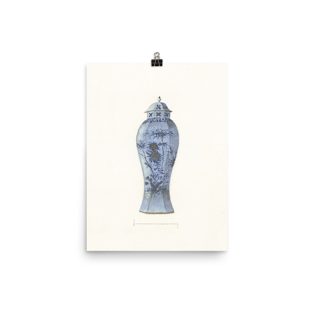 Antique Chinoiserie Blue and White Ginger Jar Watercolor Art 18th century reproduction