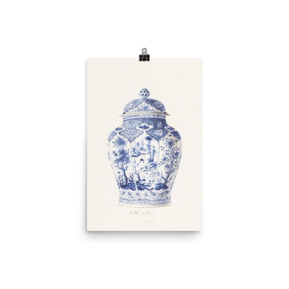 Antique Chinoiserie Blue and White Ginger Jar Watercolor Art 18th century reproduction