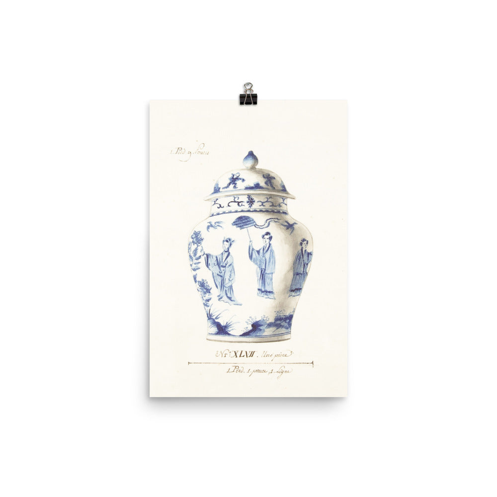 Antique Blue and White Ginger Jar Watercolor Art 18th century reproduction