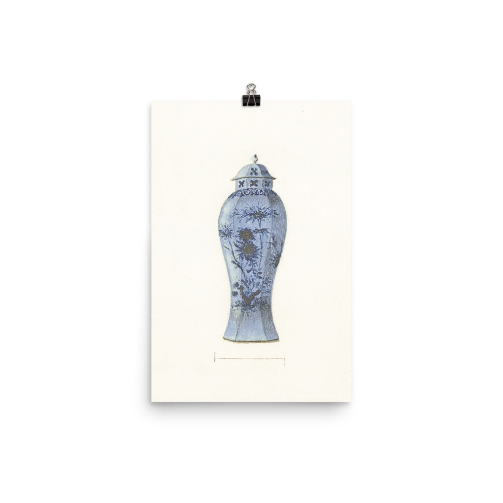 Antique Chinoiserie Blue and White Ginger Jar Watercolor Art 18th century reproduction