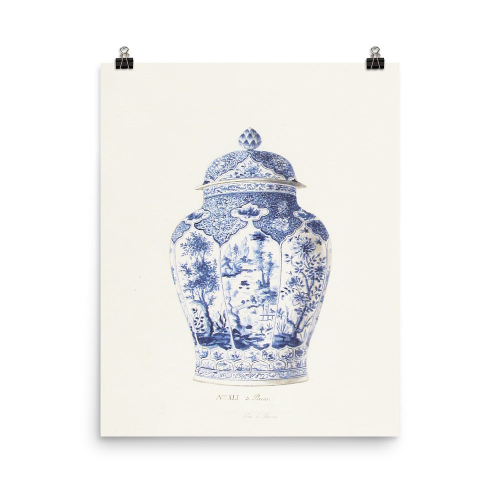 Antique Chinoiserie Blue and White Ginger Jar Watercolor Art 18th century reproduction