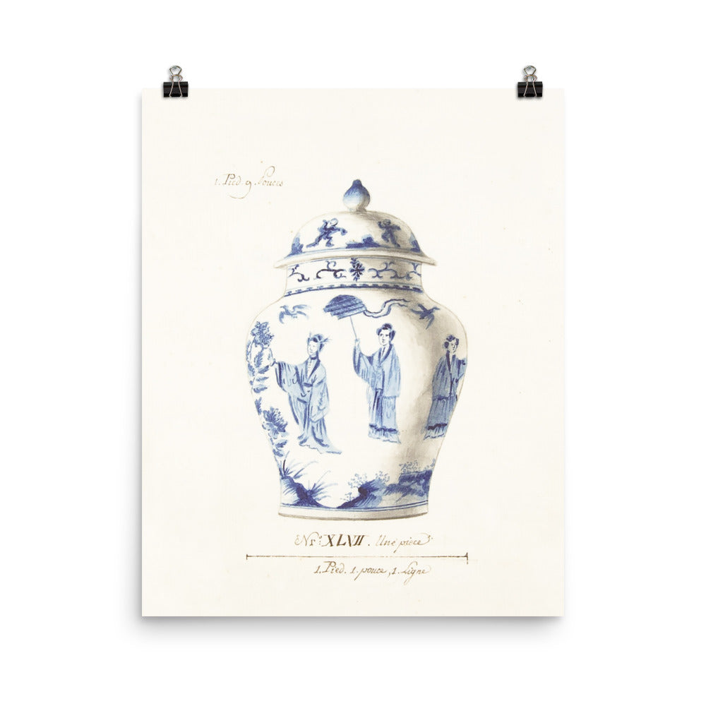 Antique Blue and White Ginger Jar Watercolor Art 18th century reproduction
