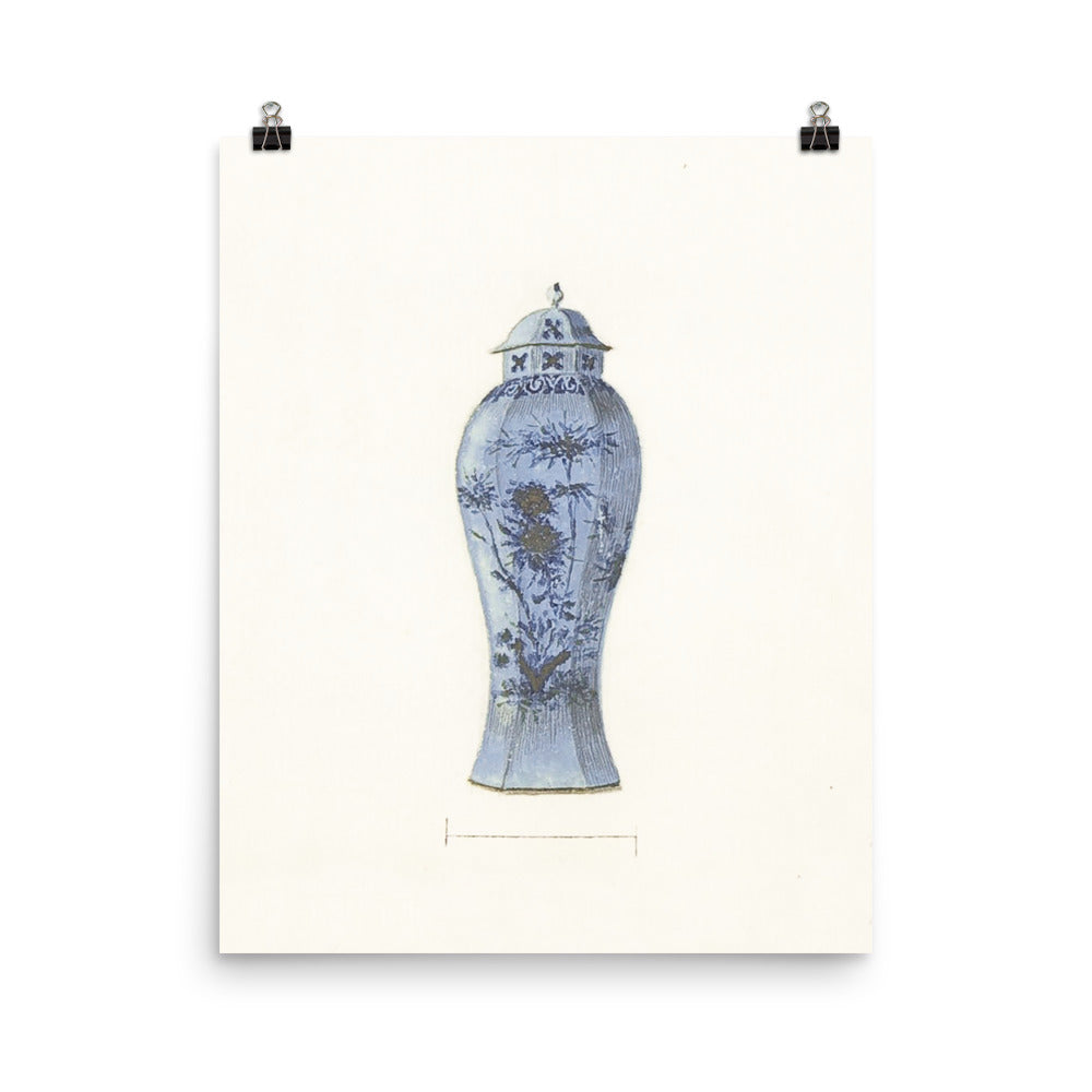 Antique Chinoiserie Blue and White Ginger Jar Watercolor Art 18th century reproduction