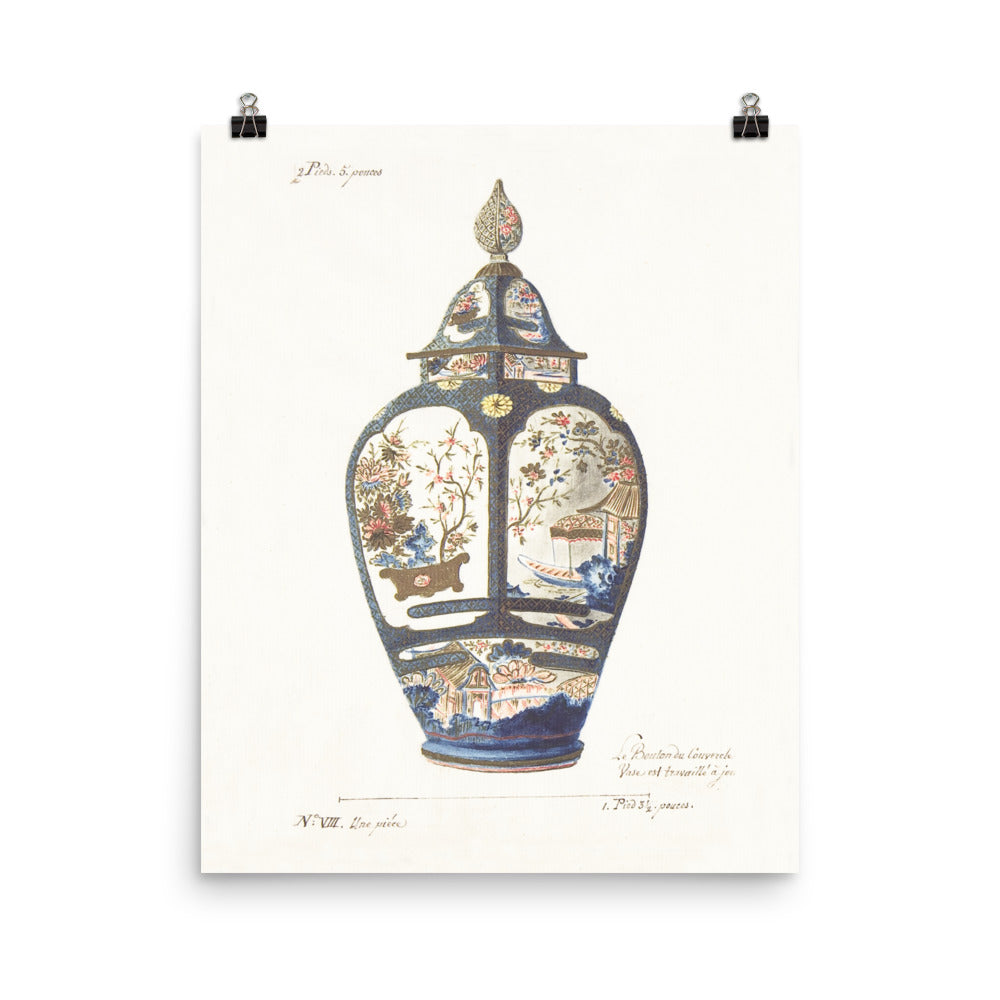 Antique Chinoiserie Ginger Jar Watercolor Art 18th century reproduction