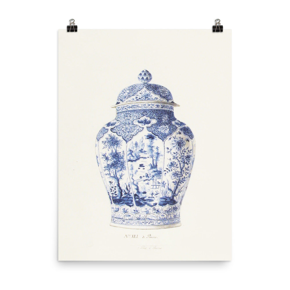 Antique Chinoiserie Blue and White Ginger Jar Watercolor Art 18th century reproduction