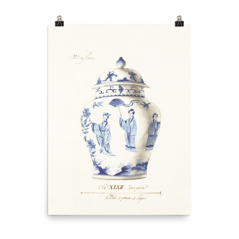 Antique Blue and White Ginger Jar Watercolor Art 18th century reproduction