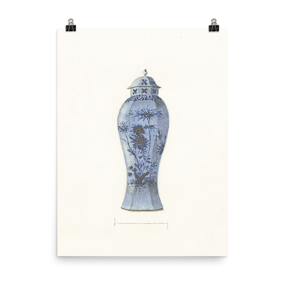 Antique Chinoiserie Blue and White Ginger Jar Watercolor Art 18th century reproduction