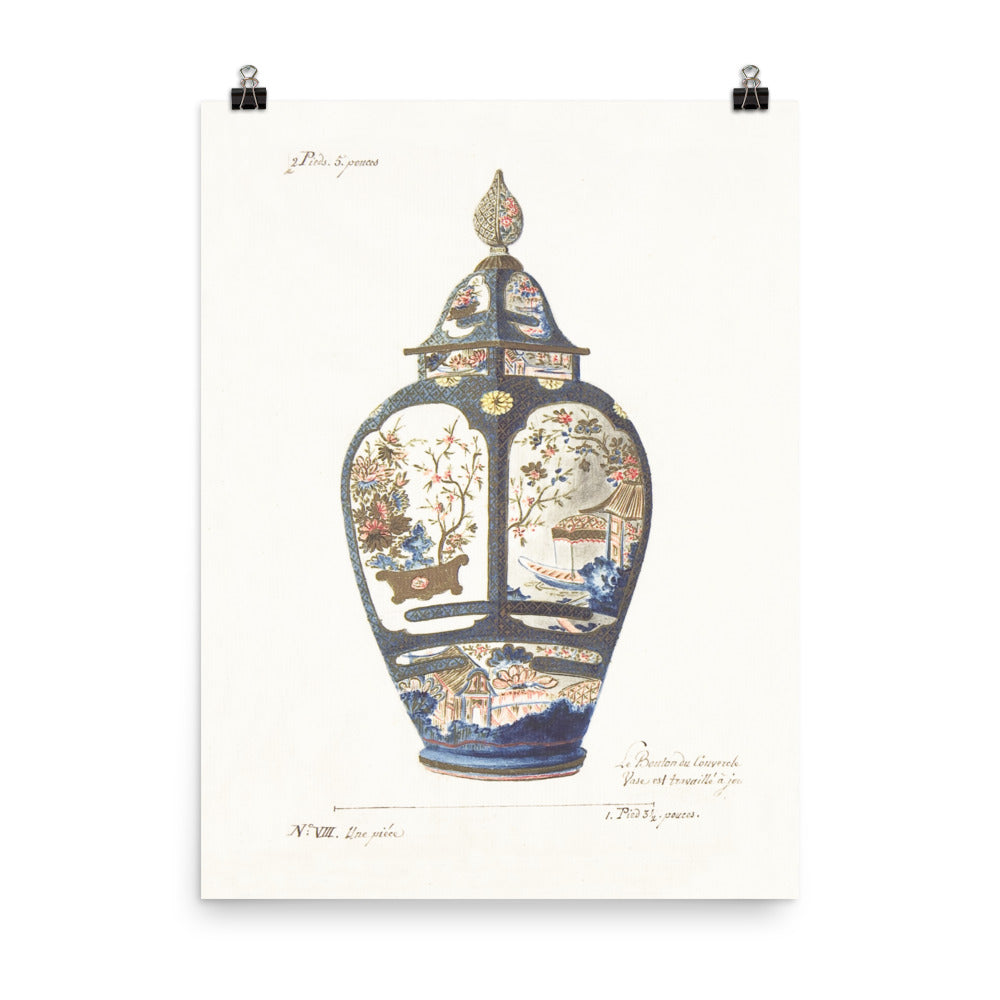 Antique Chinoiserie Ginger Jar Watercolor Art 18th century reproduction