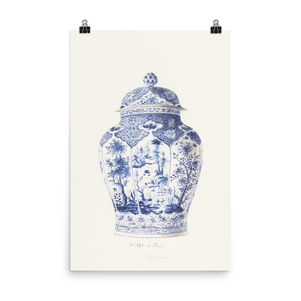 Antique Chinoiserie Blue and White Ginger Jar Watercolor Art 18th century reproduction