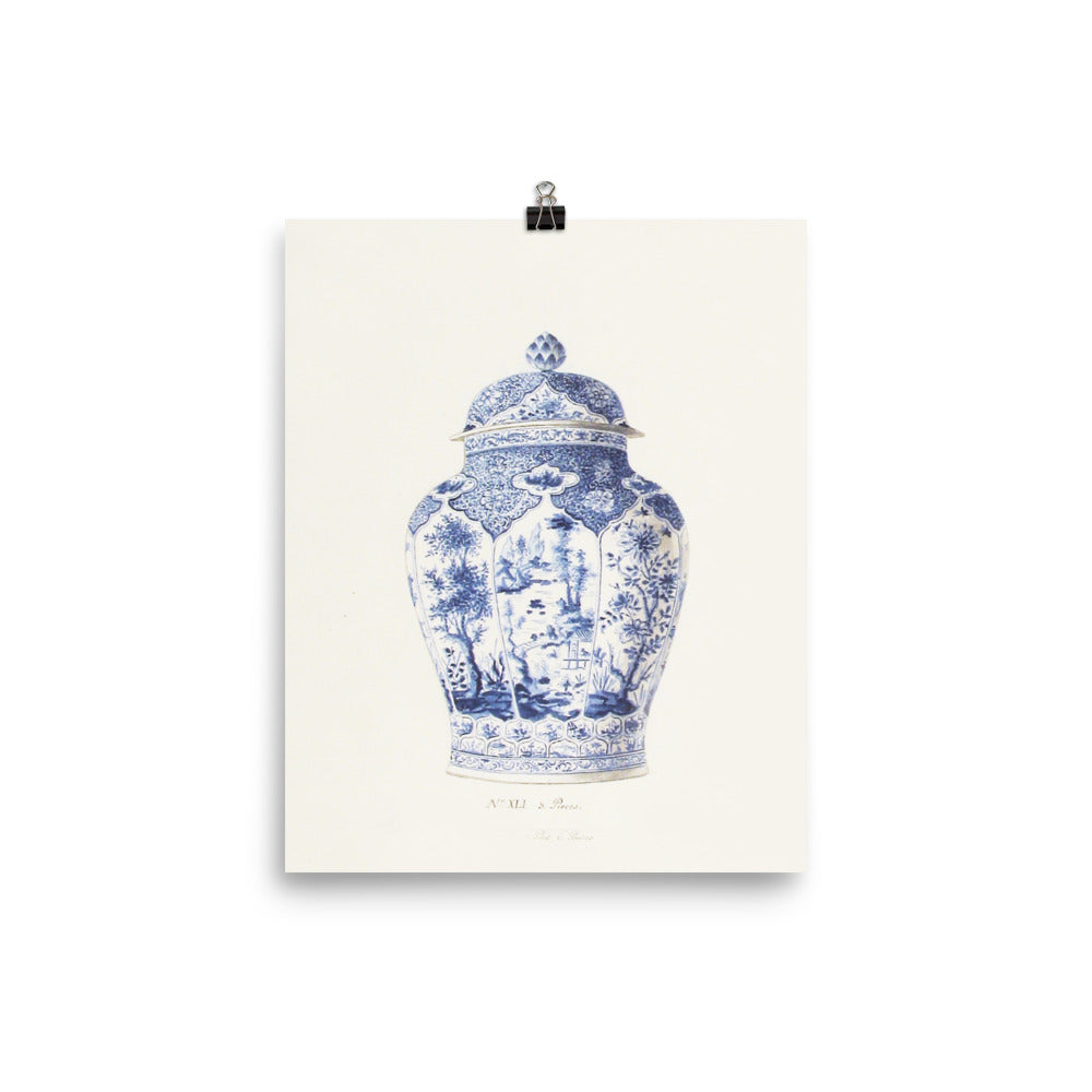 Antique Chinoiserie Blue and White Ginger Jar Watercolor Art 18th century reproduction