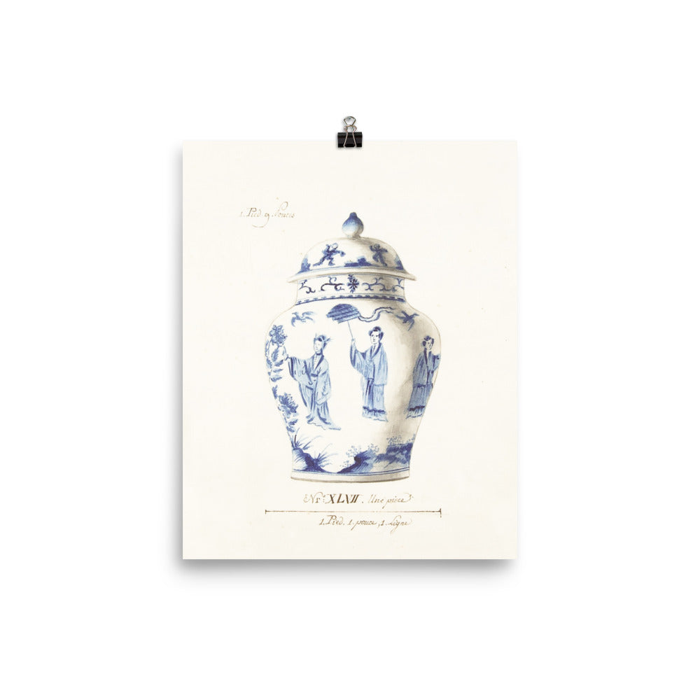 Antique Blue and White Ginger Jar Watercolor Art 18th century reproduction