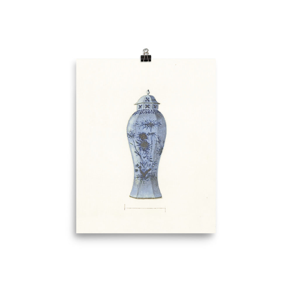 Antique Chinoiserie Blue and White Ginger Jar Watercolor Art 18th century reproduction