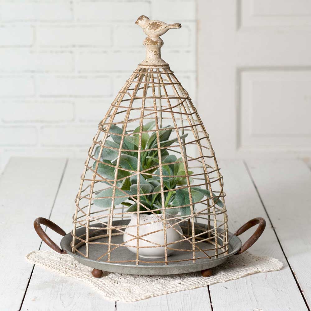 farmhouse metal wire cloche with bird
