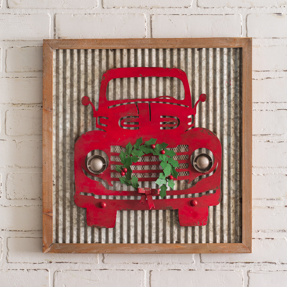 vintage red truck metal farmhouse Christmas sign