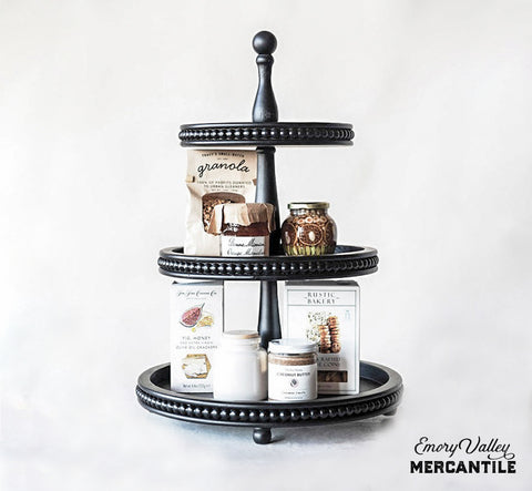 3 tier farmhouse wood tray stand black