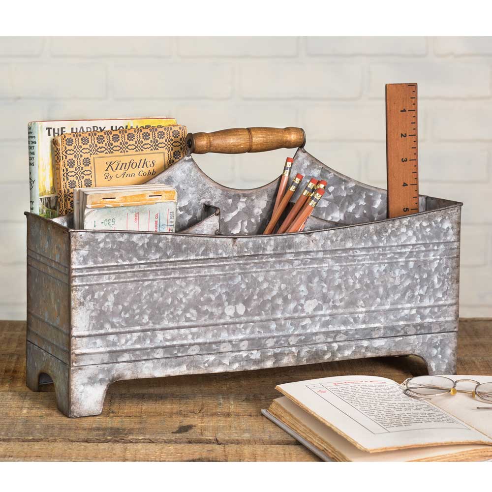 Farmhouse style galvanized metal caddy with wood handle