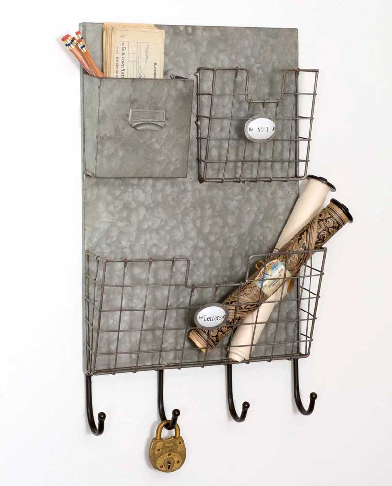 galvanized metal wall organizer with pockets and hooks