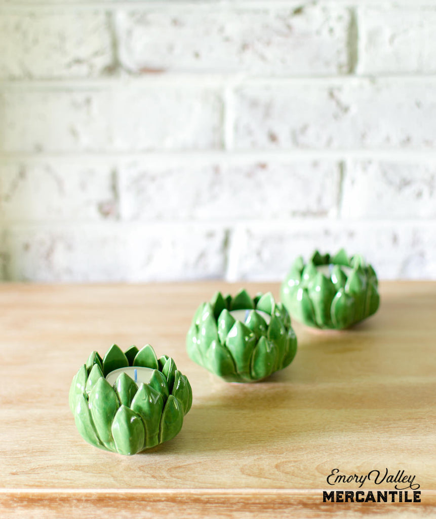 handmade green artichoke stoneware tealight holder