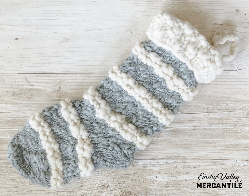 hand knit gray and white stripe wool holiday stocking