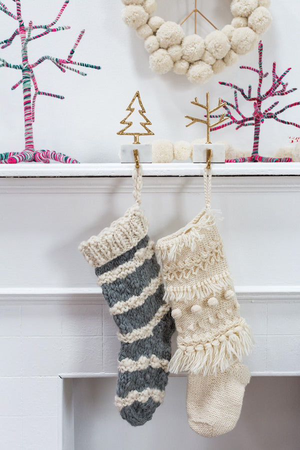 hand knit gray and white stripe wool holiday stocking