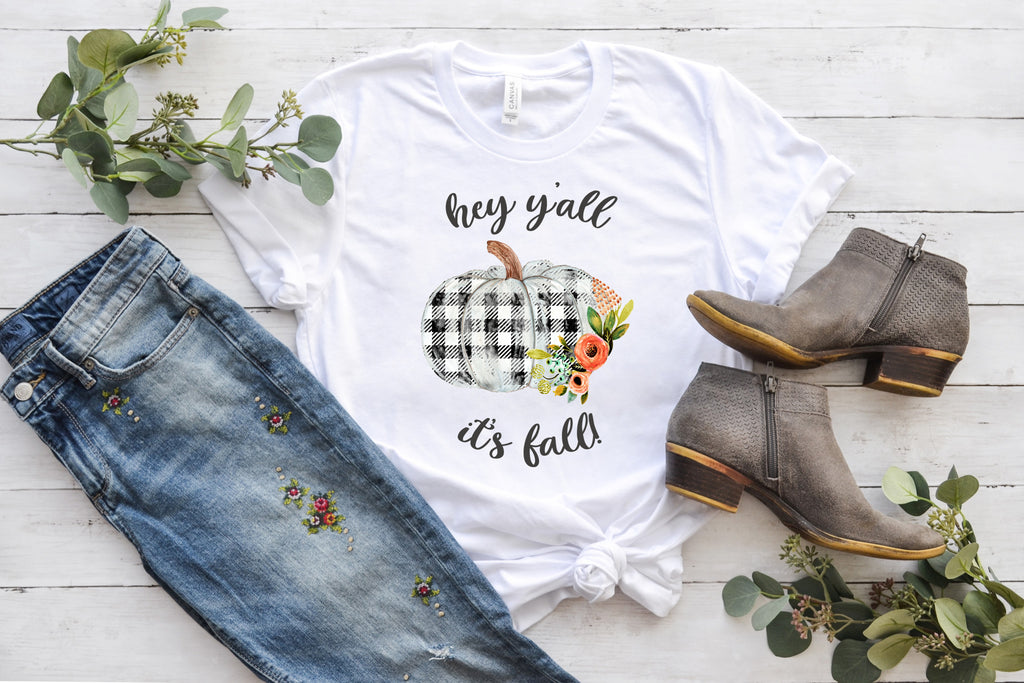 hey y'all it's fall t shirt buffalo plaid pumpkin