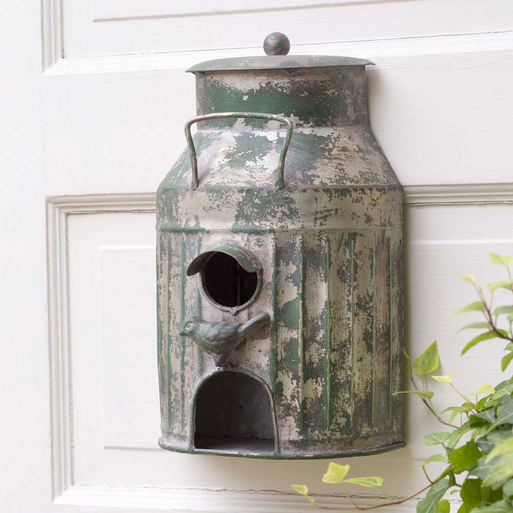 metal milk can birdhouse