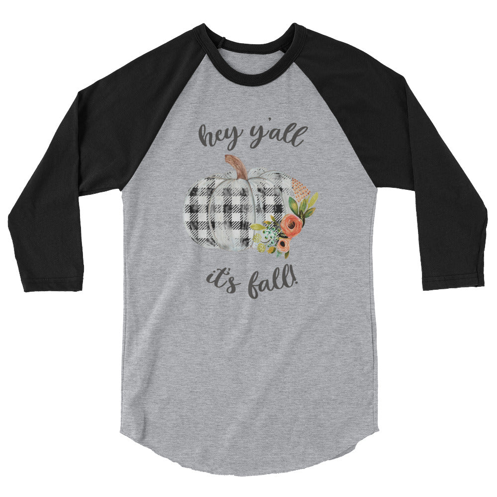 Hey Y'all It's Fall Buffalo Plaid Pumpkin 3/4 sleeve baseball tee