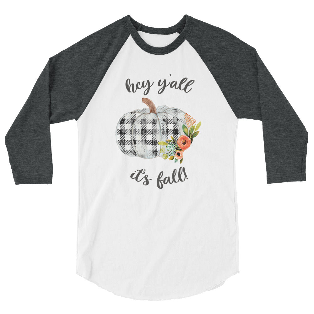 Hey Y'all It's Fall Buffalo Plaid Pumpkin 3/4 sleeve baseball tee