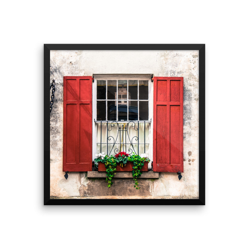 Charleston Old Red Shutters Framed poster