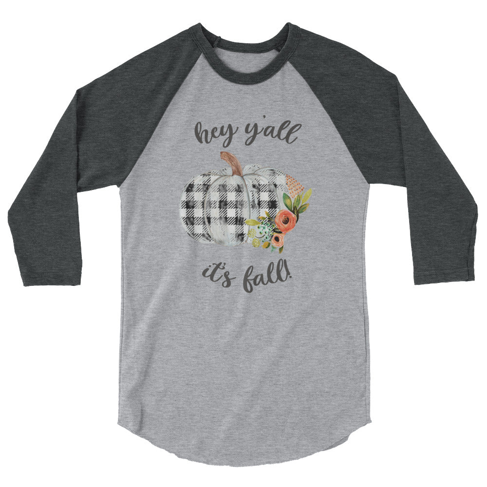 Hey Y'all It's Fall Buffalo Plaid Pumpkin 3/4 sleeve baseball tee