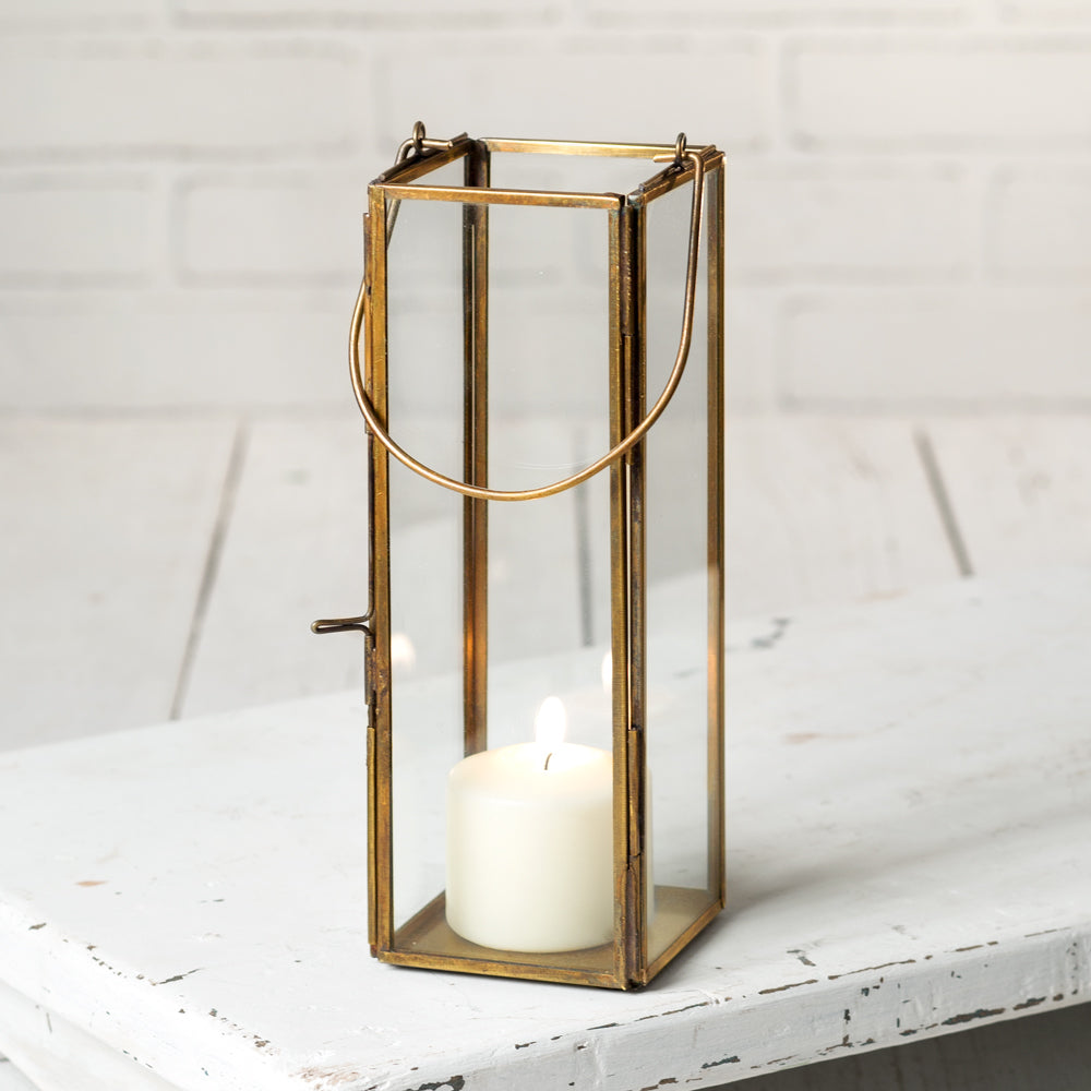 Slim Brass-Look Metal Candle Lantern