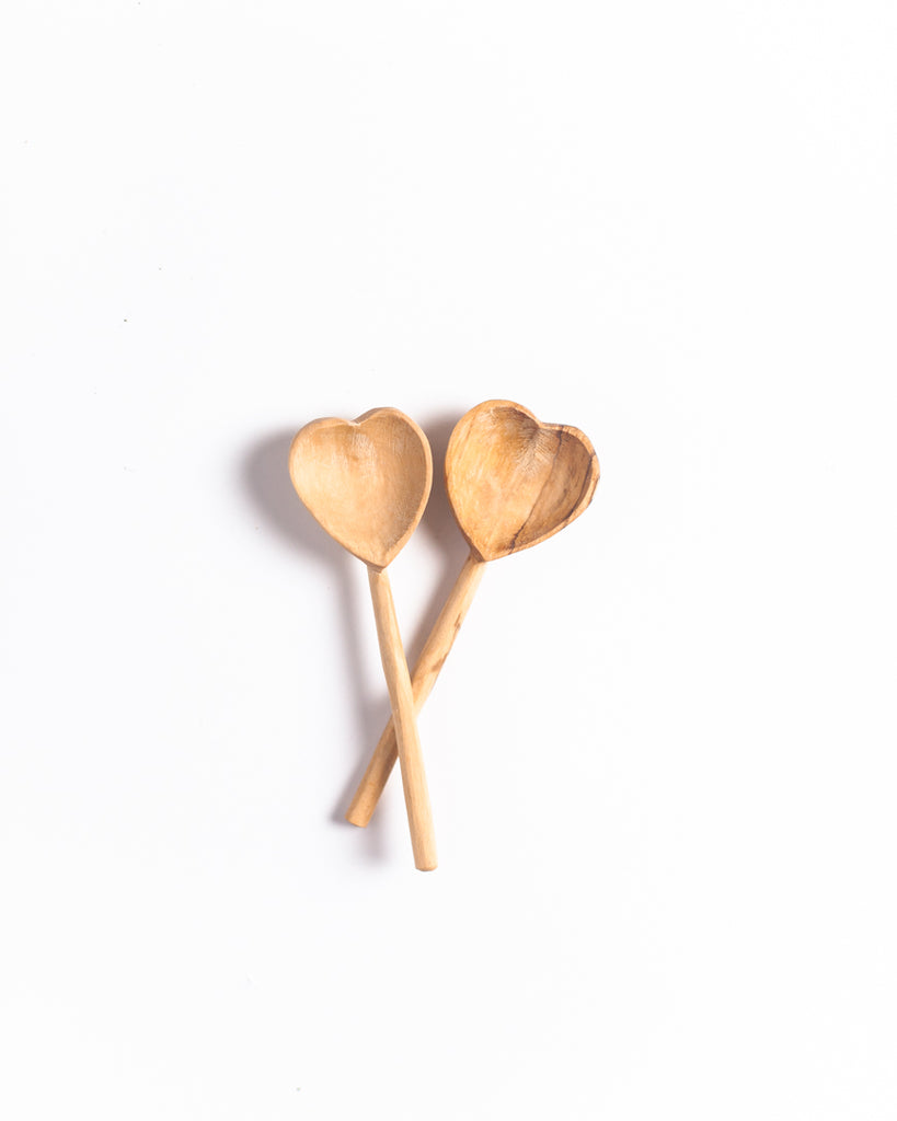 Hand-Carved Olive Wood Heart-Shaped Teaspoons, Set of 2