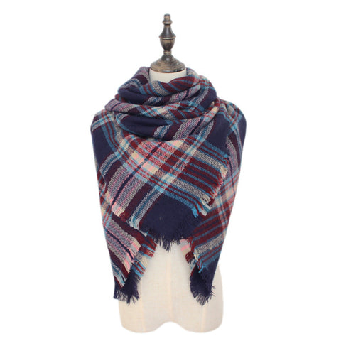 navy blue, red, and white plaid blanket scarf