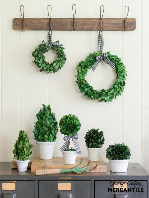 preserved boxwood wreaths and topiaries