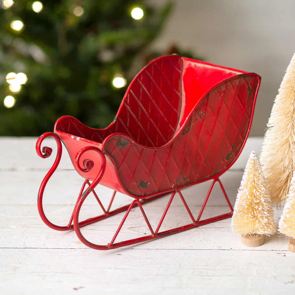 distressed metal red Santa sleigh