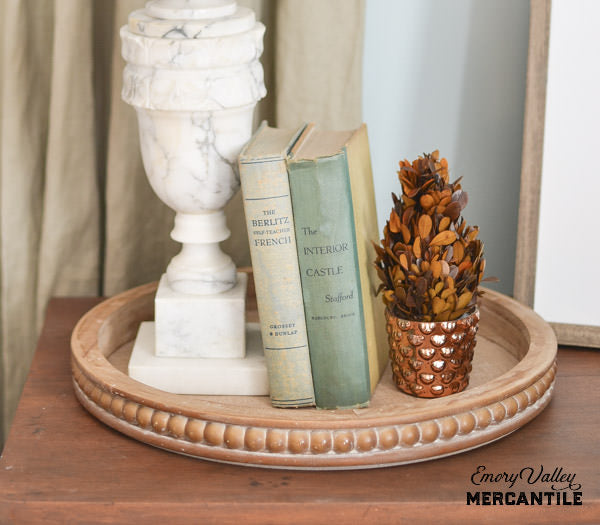 round wooden beaded edge tray