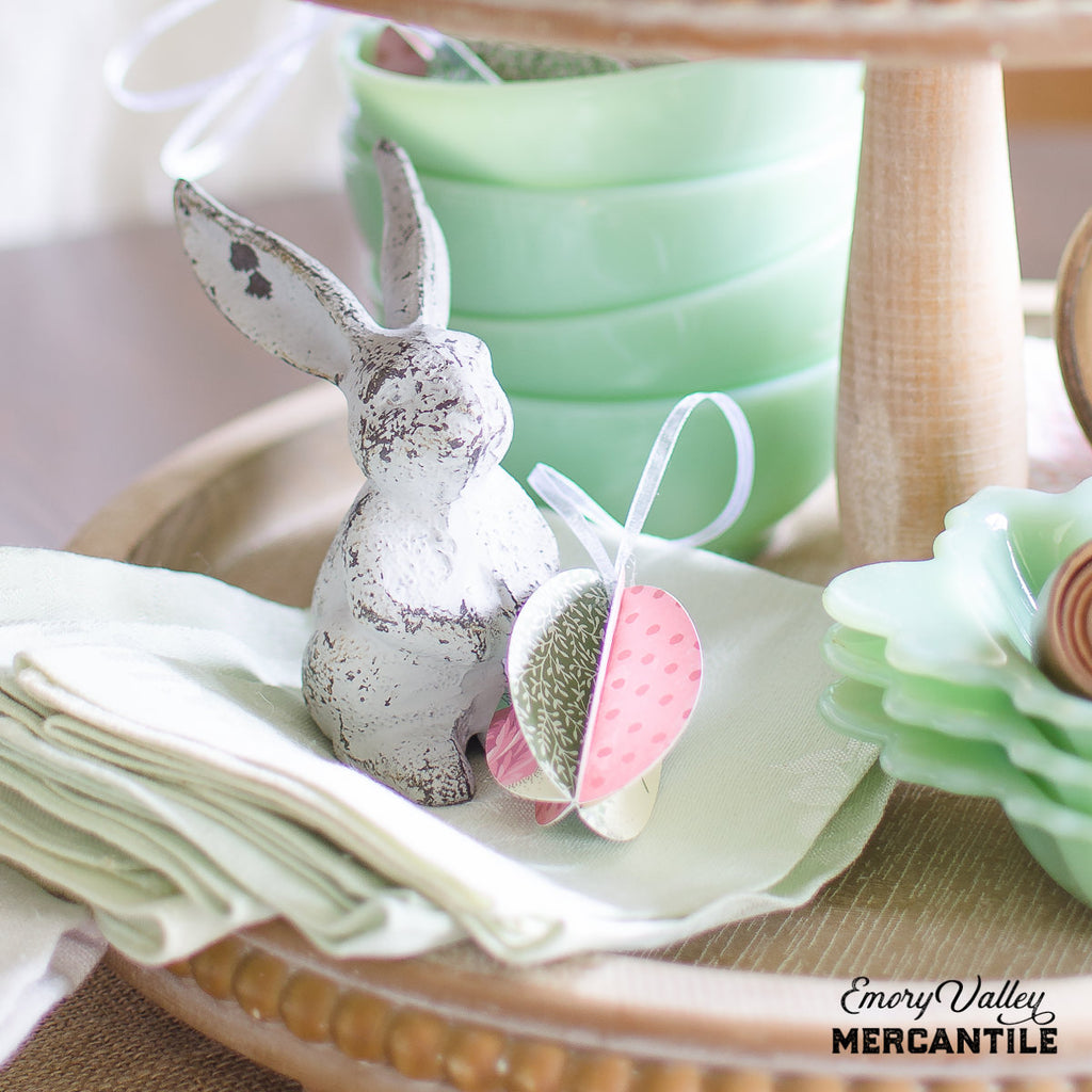 long-eared white distressed cast iron bunny